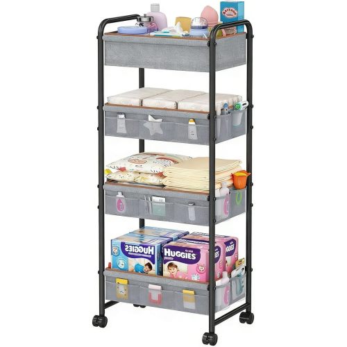 4-Tier Baby Diaper Caddy Organizer Cart with 3 Storage Drawers, Rolling Cart with Dividers & Side Pockets for Nursery, Baby Essentials, Toys, Wipes & Creams, Portable Baby Storage Cart & Station
