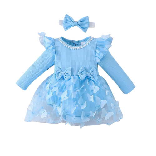 Edvintorg 0-18 Months Newborn Baby Girl Clothes Fall Winter Baby Girl Lace Bow Tie Dress Romper with Headband Infant Cotton Outfits Long Sleeve Girls' Jumpsuits & Rompers