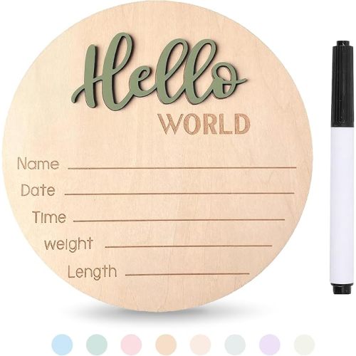 Baby Announcement Sign with Pen, 5.9 Inch Wooden Hello World Newborn Sign for Hospital, 3D Birth Announcement Board, Welcome Baby Name Signs for Nursery, Newborn Gift for Boy & Girl,Green