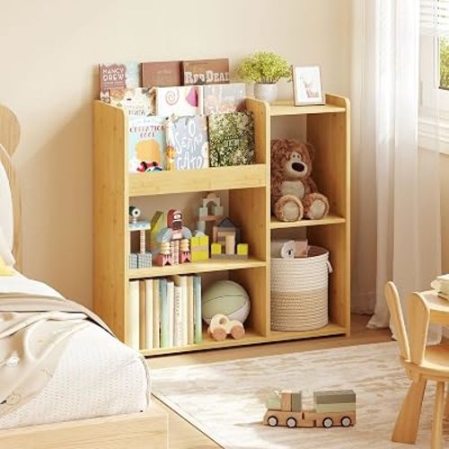 Montessori Kids Bookshelf, Bamboo Bookcase for Kids Room, Toy Storage Shelf