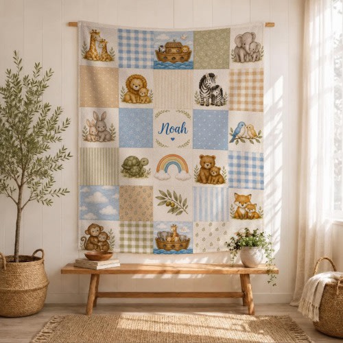 Personalized Christian Noahs Ark Flannel Blanket,Custom Baby Name Throw,Neutral Safari Nursery Decor,Baby Shower Gift,Newborn Keepsake Gift