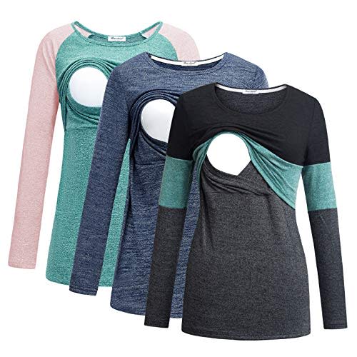 Bearsland Women's 3 Packs Maternity Clothes Long Sleeves Breastfeeding Shirts Nursing Top
