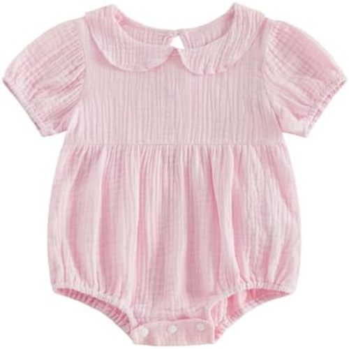 Merqwadd Baby Boy Girl Bubble Romper Solid Color Collar Bodysuit Infant Muslin Summer Clothes
