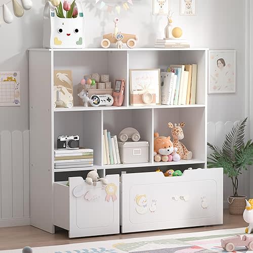 Toy Storage Organizer with 2 Movable Drawers, 3-Shelf Kids Bookcase Children's Toy Chest Cabinet for Playroom Bedroom Daycare Nursery School, 5 Cubes Montessori Bookshelf