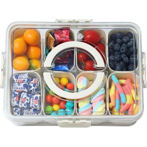 1 Piece Divided Tray with Lid and Handle - Portable Snack Box Deli Container, Clear Snack Platter Organizer, 8 Compartments, White