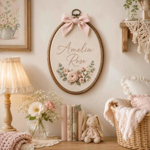 Custom Embroidered Baby Name & Wildflower Hoop Sign, Personalized Embroidery Baby Nursery Wall Decor, Baby Announcement, Newborn Gift