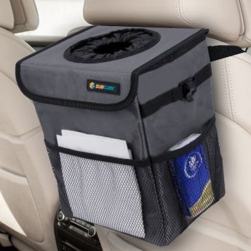 SUN CUBE Waterproof Car Trash Can with Lid, Portable Organizer Garbage Can, Removable Leakproof Lining Hanging Bin Storage (Dark Grey)