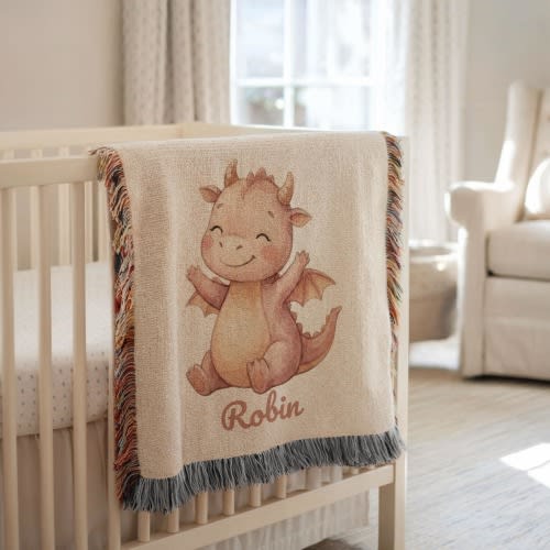 Personalized Pink Dragon Baby Blanket | Custom Name Sleeping Fantasy, Mythical Gift Creature Throw | Baby Girl and Boy Nursery Decor