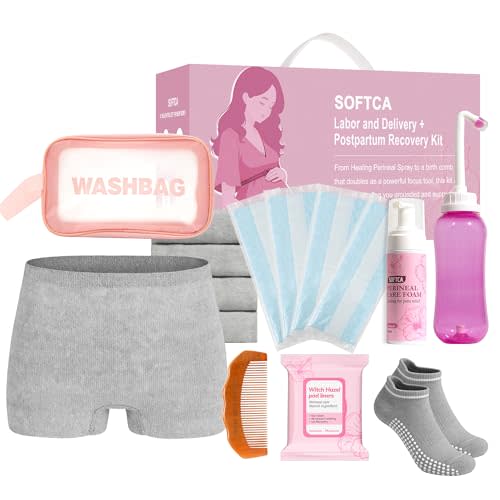 Postpartum Recovery Essentials Kit - Birth Comb,Peri Bottle,Disposable Postpartum Underwear,Perineal Healing Foam,Instant Ice Pads,Cooling Pad Liners,Socks,Canvas Bag,Postpartum Kit Gift Set