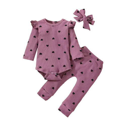 Fesfesfes Girls Casual Ribbed Long Sleeve Romper Set Heart Print 3 Piece Outfit Playwear Soft Everyday