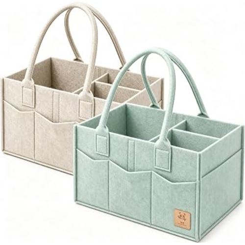 HIPHOP PANDA 2-Pack Diaper Caddy Organizer - Nursery Storage Bin & Car Organizer for Diapers, Wipes, and Baby Essentials - Dual-Color Solid Set (Green/Oatmeal), Regular Size