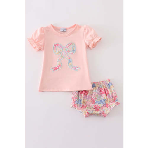 Pink Floral Print Bow Applique Bloomer Set