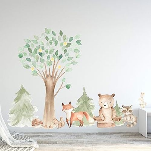 InnovativeStencils Woodland Watercolor Wall Decal Oak Pine Tree Animal Creatures - Bear, Fox, Raccoon, Rabbit, Squirrel, Porcupine Fabric Nursery Decals #3061 (72" Tall Tree (Including Leaves))