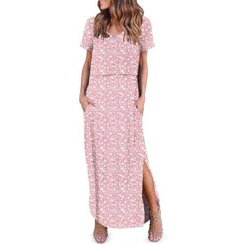 Ekouaer Women's Nursing Dress Summer V Neck Short Sleeve Maternity Split Long Dresses for Breastfeeding with Pockets S-XXL