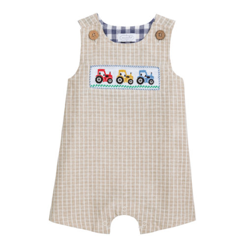 Smocked Tractor Jon Jon | 3‑6M Classic Baby Romper | Mud Pie