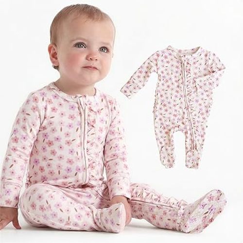 Caden Lane Zippered Baby Footie Pajamas, Soft Onesie Bodysuit with Feet & Double Zipper for Easy Diaper Change, Infant, and Toddler Footed One-Piece Jumpsuit, Blushing Blooms, Newborn