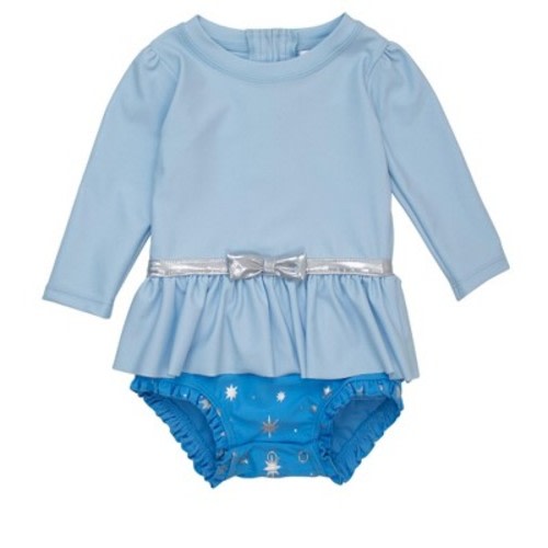 RuffleButts Baby Girls UPF50+ Princess Long Sleeve Bow Skirted One Piece Swimsuit - Crystal Blue Princess, 3-6m