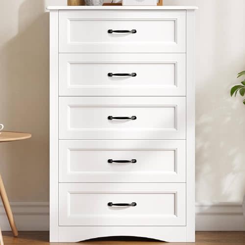 Gizoon 5 Drawer Dresser, White Wood Chest of Drawers for Bedroom | 43.3" Large Capacity Storage Dresser with Anti-Tip Device and Metal Handles, for Clothes, Living Room, Hallway, Office