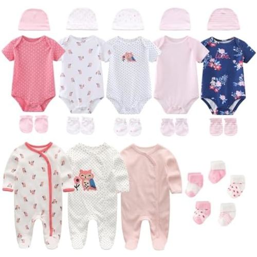 Ruliby New Born Clothes Cotton Baby Bodysuit Soft Romper and Accessories Layette Set 0-12 Months, 23-pack
