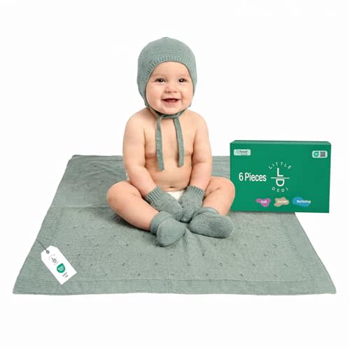 Soft Baby Blanket Gift Set Green– Includes Soft Knit Pointelle Blanket 30"x40", Baby Hat, Gloves & Booties – Eco-Friendly Newborn Essentials in Gift Box