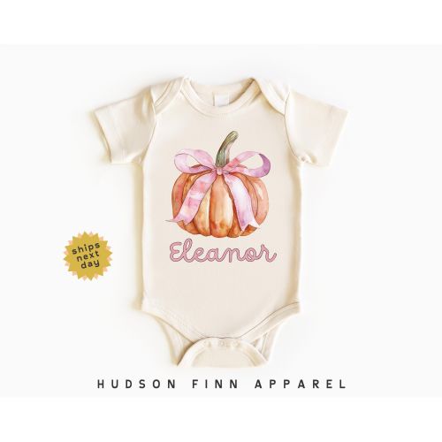 Custom Girls Baby Onesie®, Personalized Pumpkin Bodysuit, Pink Bow on Pumpkin Outfit, Girls Halloween Coquette, Autumn Newborn, Fall Infant