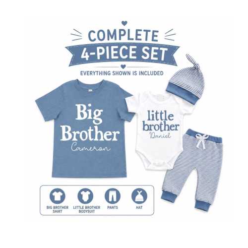 Big Brother Little Brother Matching 4-Piece Set: Bodysuit, Shirt, Pants, Hat - Matching Brothers, Baby Shower