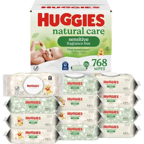 Huggies Natural Care Sensitive Baby Wipes, Unscented, Hypoallergenic, 99% Purified Water, 12 Flip-Top Packs (768 Wipes Total), Packaging May Vary