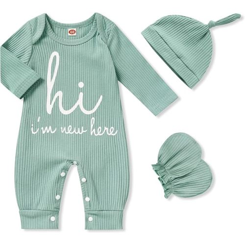 GRNSHTS Newborn Baby Boy Romper Coming Home Outfits Letter Print Bodysuit Jumpsuit+Hat+Gloves 3PCS Clothes Set