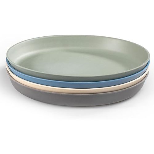 WeeSprout Bamboo Plates, Set of 4, Kid-Sized Dinnerware, Dishwasher Safe Melamine Dishware (Blue, Green, Gray, & Beige, Without Lids)
