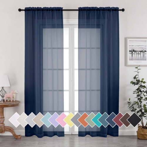 OVZME Navy Blue Sheer Curtain Panels 84 inch length 2 Panels, Solid Voile Top Dual Rod Pockets Stylish Breathable Drapes Window Treatment for Kid's Room/Bedroom/Living Room, 42W x 84L inches