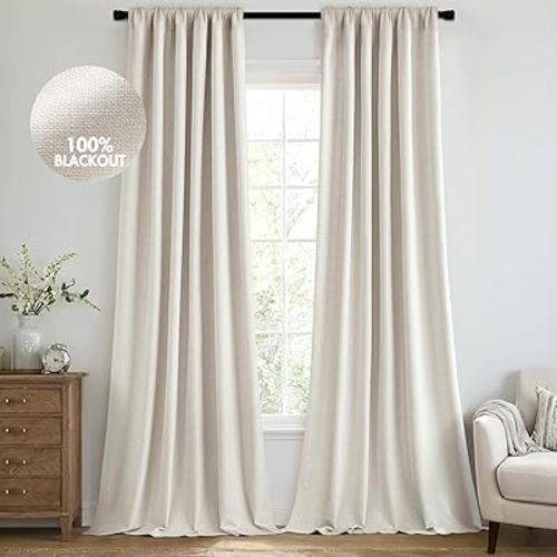 MIULEE 100% Blackout Curtains 90 Inch Long 2 Panels Set for Bedroom, Thick Luxury Faux Linen Black Out Curtain Room Darkening Back Tab Pleat Window Textured Drapes with Hooks for Living Room, Birch