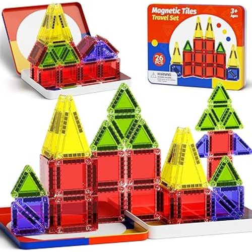 Magnetic Tiles Travel Toys with Storage Case, Portable STEM Building Blocks for 3-8 Year Olds, Toddler Airplane Activities & On-The-Go Birthday Gift for Boys & Girls