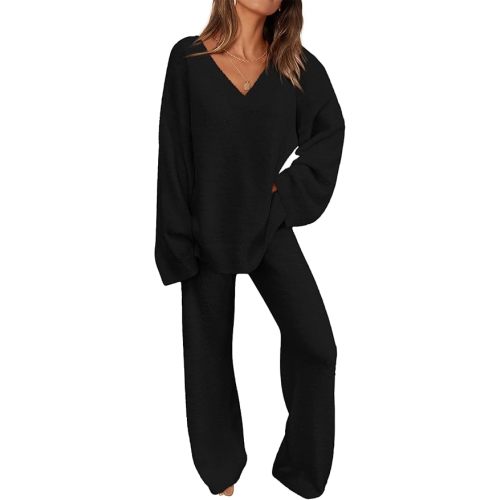 PRETTYGARDEN Women's 2 Piece Pullover Sweater Set Oversized V Neck Top Wide Leg Pants Fall Winter Fuzzy Lounge Outfit