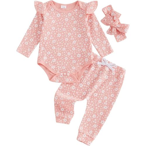 Newborn Baby Girl Outfits Flower Ribbed Ruffle Long Sleeve Romper Pant Headband 3Pcs Infant Fall Winter Clothes Set