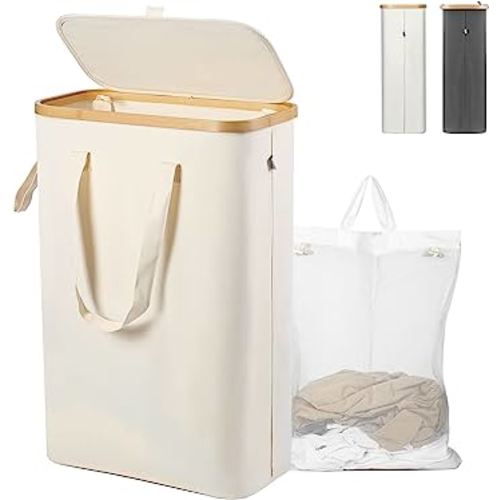yamagahome Slim Laundry Hamper with Lid, Narrow Laundry Hamper with Removable Bag, Slim Laundry Basket with Lid, Thin Hamper Basket Made of Bamboo and Oxford for Bedrooms, Bathroom, RV, 52L, Beige