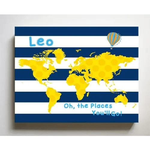 Personalized - Dr Seuss Nursery Decor - Striped Canvas World Map Collection - Oh The Places You'll Go!