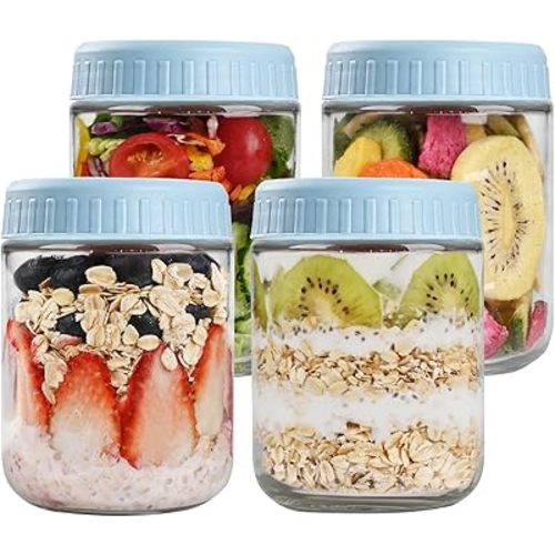 Overnight Oats Containers with Lids, 16oz Glass Jars with Lids 4 pcs, Light Blue, Wide Mouth Mason jars for Salad, Yogurt, Snacks, Meal Prep