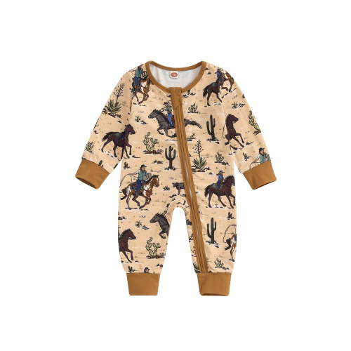 Suealasg Western Newborn Baby Boys Girls Jumpsuit Long Sleeve Horse Print Zipped Romper Bodysuits 3 6 12 18 Months Infant Fall Country Clothes