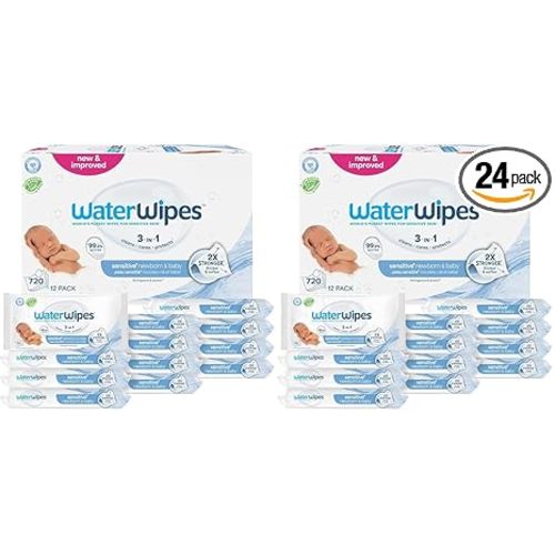 WaterWipes Sensitive+ Newborn & Baby Wipes, 3-In-1 Cleans, Cares, Protects, 99.9% Water, Unscented & Hypoallergenic, 60 Count (24 Packs)