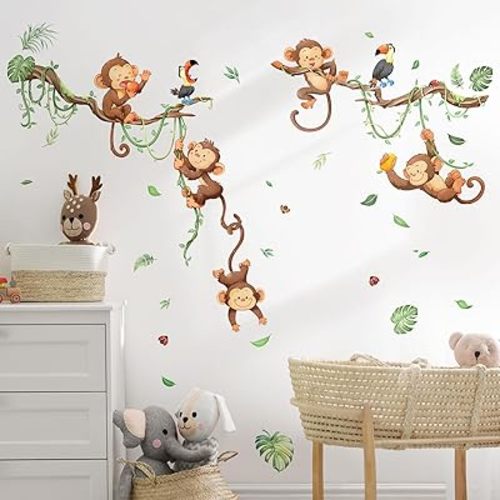 Monkey Climbing Tree Wall Decals - Jungle Animals & Vine Leaves Wall Stickers for Baby Nursery, Kids Room, Living Room, Bedroom & Toddler Room Decor