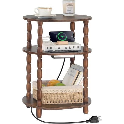 MaxSmeo Side Table with Charging Station, 3-Tier Small End Table with USB Ports and Outlets, Modern Oval Night Stand Accent Table for Living Room, Bedroom, Rustic Brown