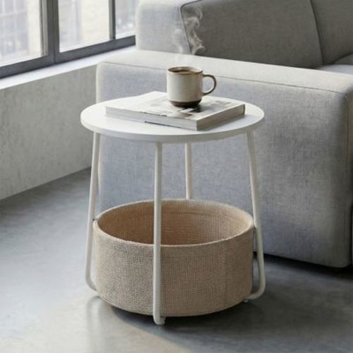LEDREM Side Table, Round End Table with Fabric Basket, for Living Room Bedroom, Bedside Table, Modern Style, White