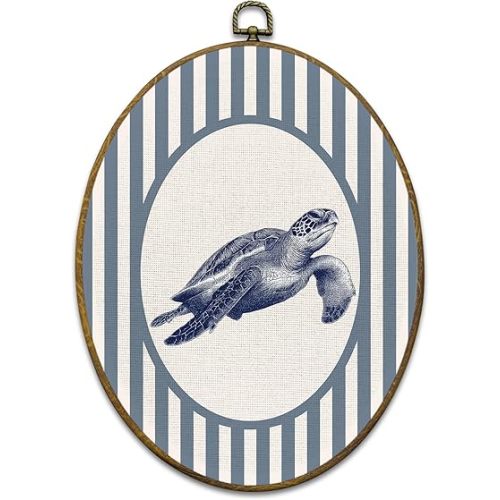 Mcehtle Coastal Beach Sea Turtle Wall Art Decor, Ocean Beach Nursery Framed Canvas Prints 8.6x11.4, Ocean Sea Turtle Striped Oval Wall Hanging Artwork Decorations for Kids Nursery Room Bedroom Home