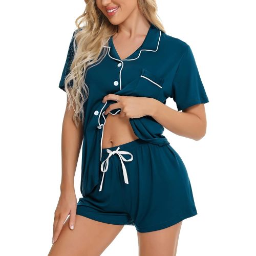 SWOMOG Womens Button Down Pajamas Set Short Sleeve Sleepwear Bride Soft Pj Lounge Sets XS-3XL
