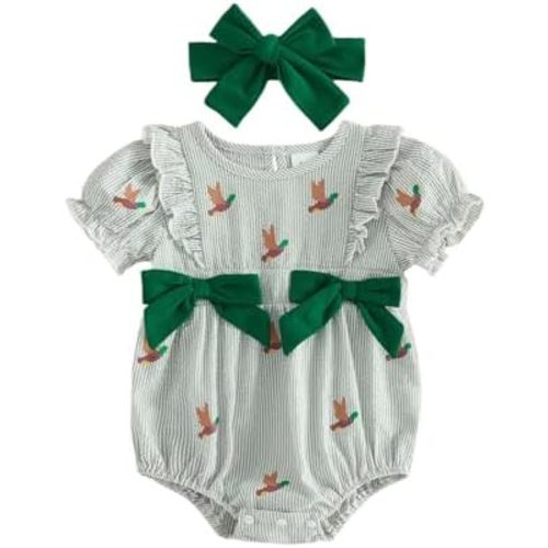 Baby Girl Hunting Outfit Duck Print Puff Short Sleeve Smocked Bubble Romper Striped Bodysuit Summer Clothes Headband