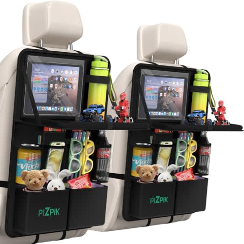 Plzpik Car Backseat Organizer with Tablet Holder,11 Storage Pockets with Foldable Food Tray, Protector Kick Mats for Kids, Travel Accessories Organizer (Black, 1Pack)