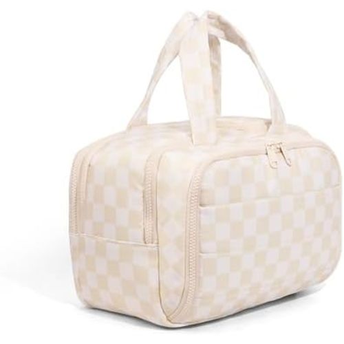 Travel Toiletry Bag, Spacious Beige Checkered Toiletry Bag for Women,Large Toiletry Bags for Traveling,Lightweight Travel Cosmetic Makeup Bag Organizer for Accessories,Toiletries (Beige Checkered)