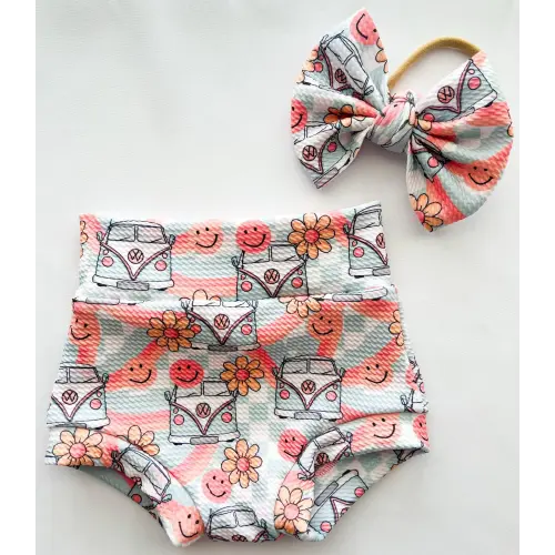 Baby Girl Toddler Boho Hippie BUS VAN Rainbow Bummies Nylon Bow set 0-3 mos-4t Shorties Headband diaper cover Flowers Groovy Smiley Birthday