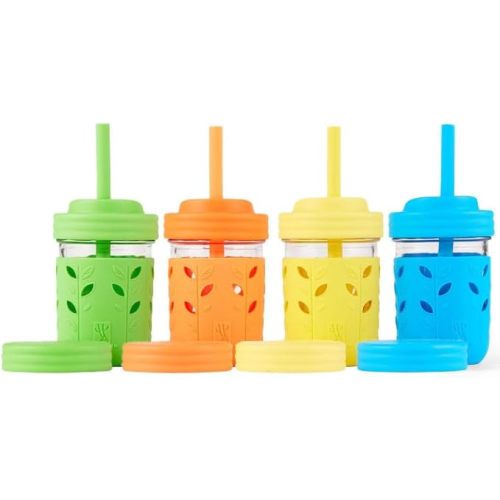Elk and Friends Kids + Toddler Glass Cups | The Original 8oz Glass Mason Jar with Sleeves + Lids | Silicone Straws + Stopper | Smoothie Cup | Food Storage | Spill Resistant | Dishwasher Safe | 4 Pack