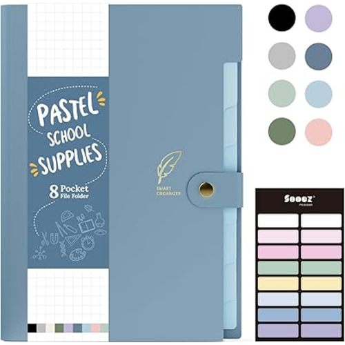 Sooez Aesthetic 8 Pocket Accordion File Organizer, Pastels Expanding File Folder for Important Document with Labels, Portable Receipt Bill Organizer for Office School Supplies, Letter Size Haze Blue